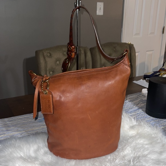 Coach XL Bleecker Tattersall Burnished leather bucket duffle bag, Cognac - Picture 2 of 10